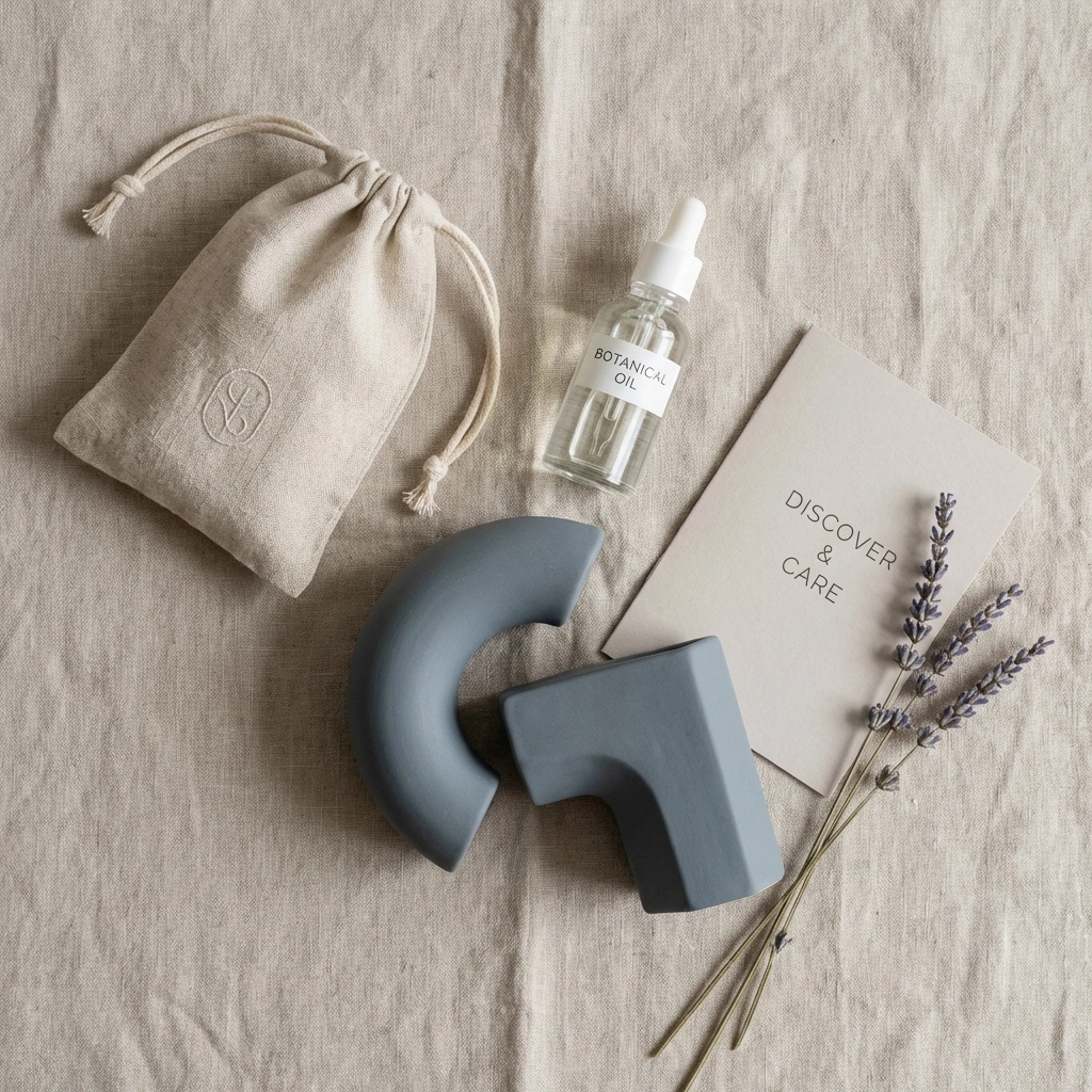 A curated couples intimacy kit featuring luxury grey toys and massage oil in a modern flat-lay arrangement.