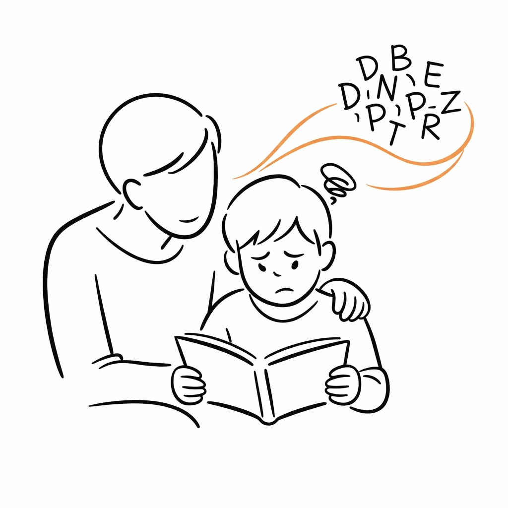Parent helping frustrated child struggling with reading at home