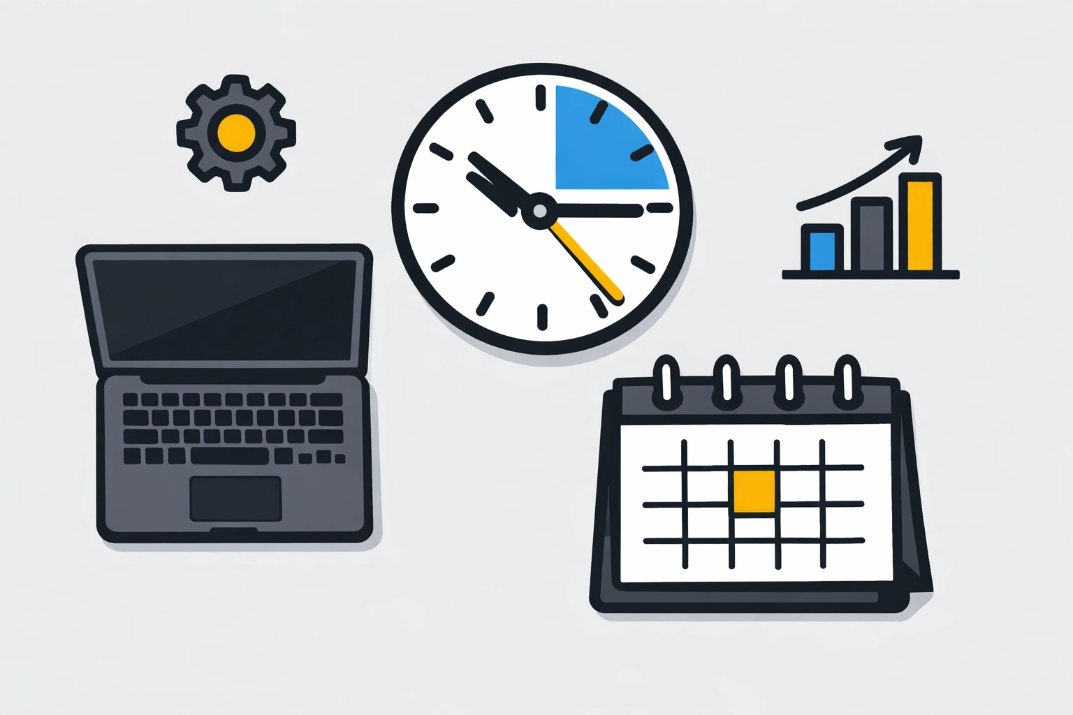 Small business bookkeeping and tax strategy flat illustration featuring a laptop, calendar, and growth charts.