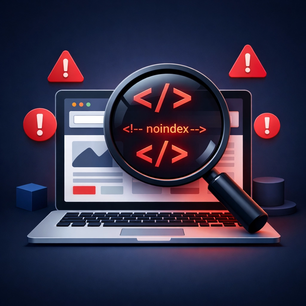 Magnifying glass revealing noindex tags and code blocking Google from crawling website