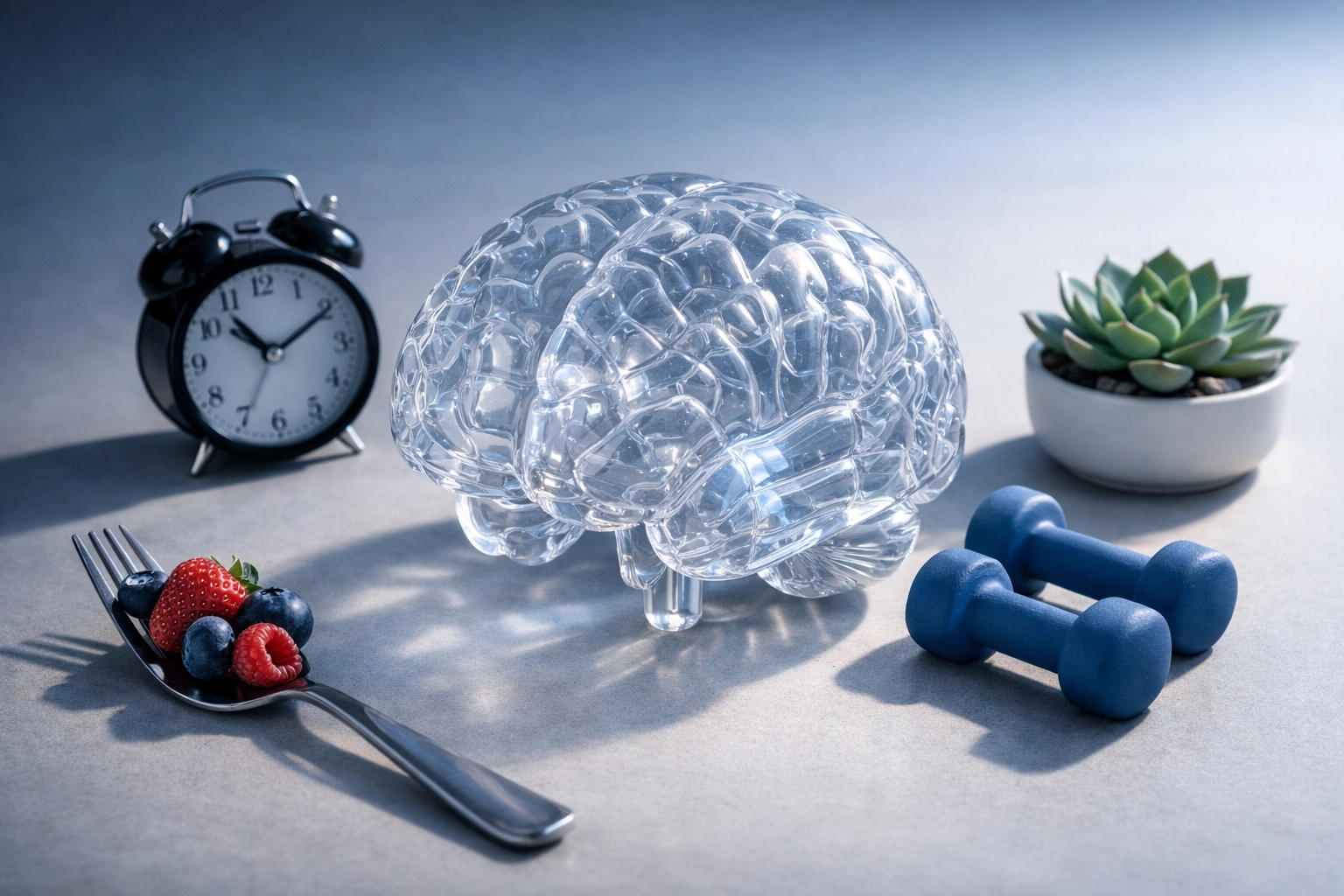 Brain model surrounded by lifestyle elements representing sleep, nutrition, exercise and mindfulness in holistic therapy