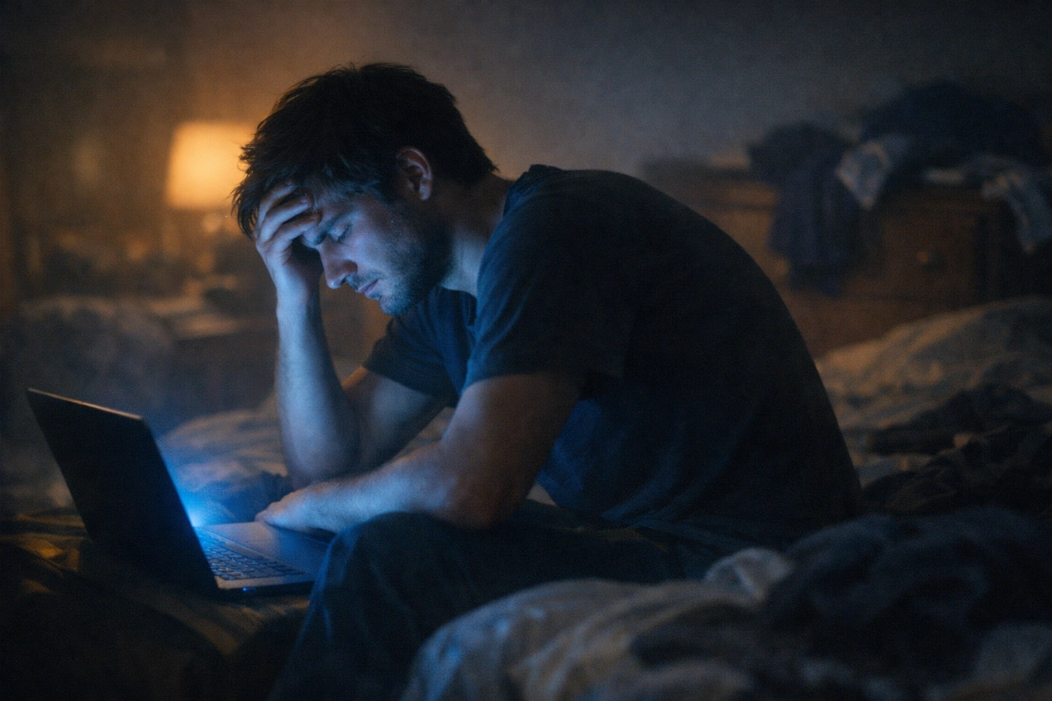 Stresszes férfi éjszaka laptoppal - pornó mint stresszkezelés automatikus reakció