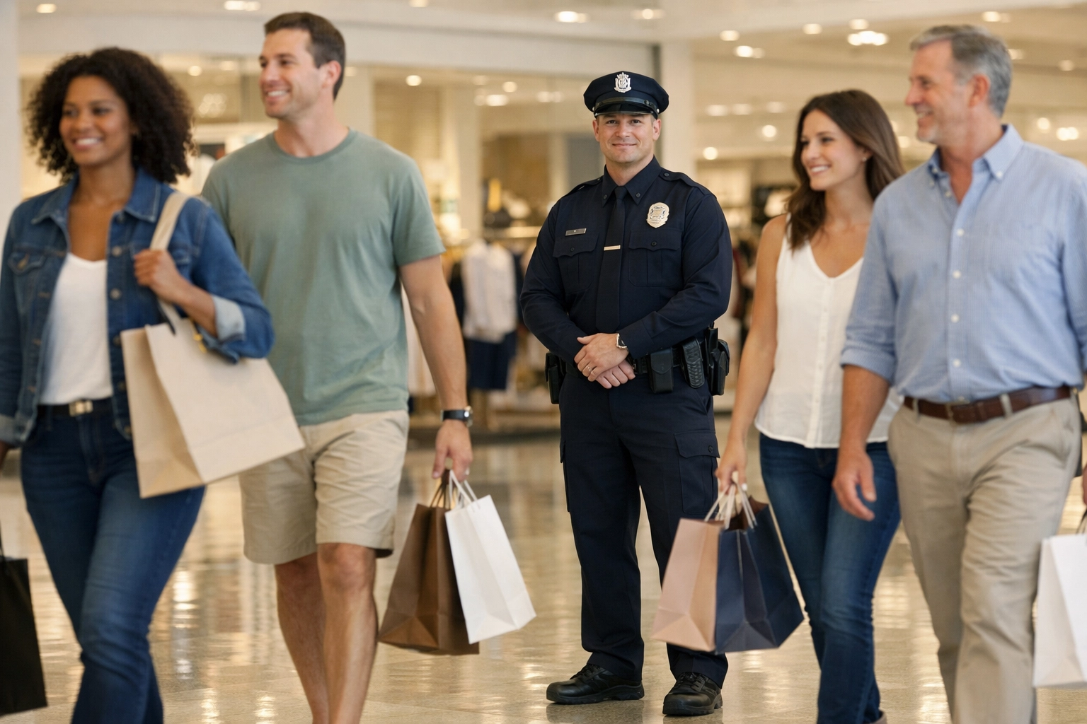 A professional security guard providing safety and peace of mind in a busy retail store.