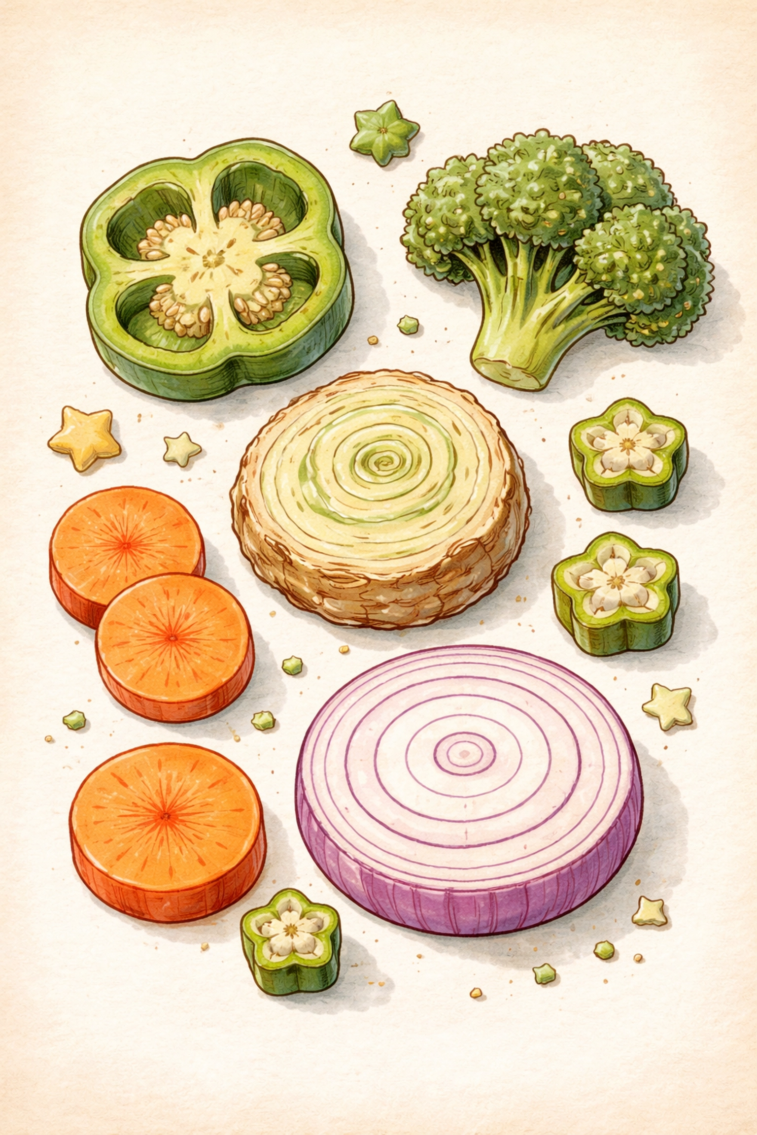 Assorted cut vegetables including celery, bell pepper, carrot, onion, okra, and broccoli ready for stamping