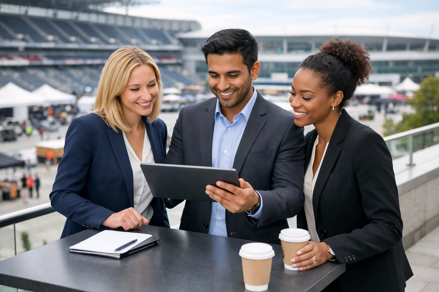 Corporate event coordinators planning VIP hosting strategies overlooking a major sports stadium.