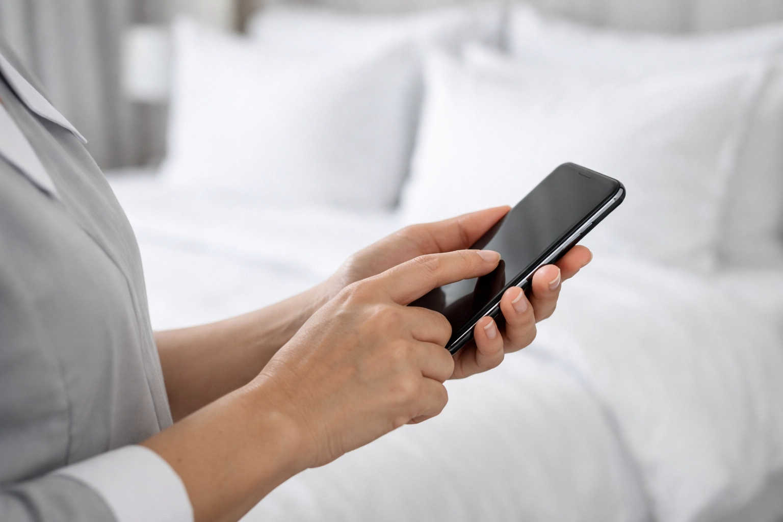 Housekeeping staff using a mobile hotel PMS to manage room turnover and guest readiness.