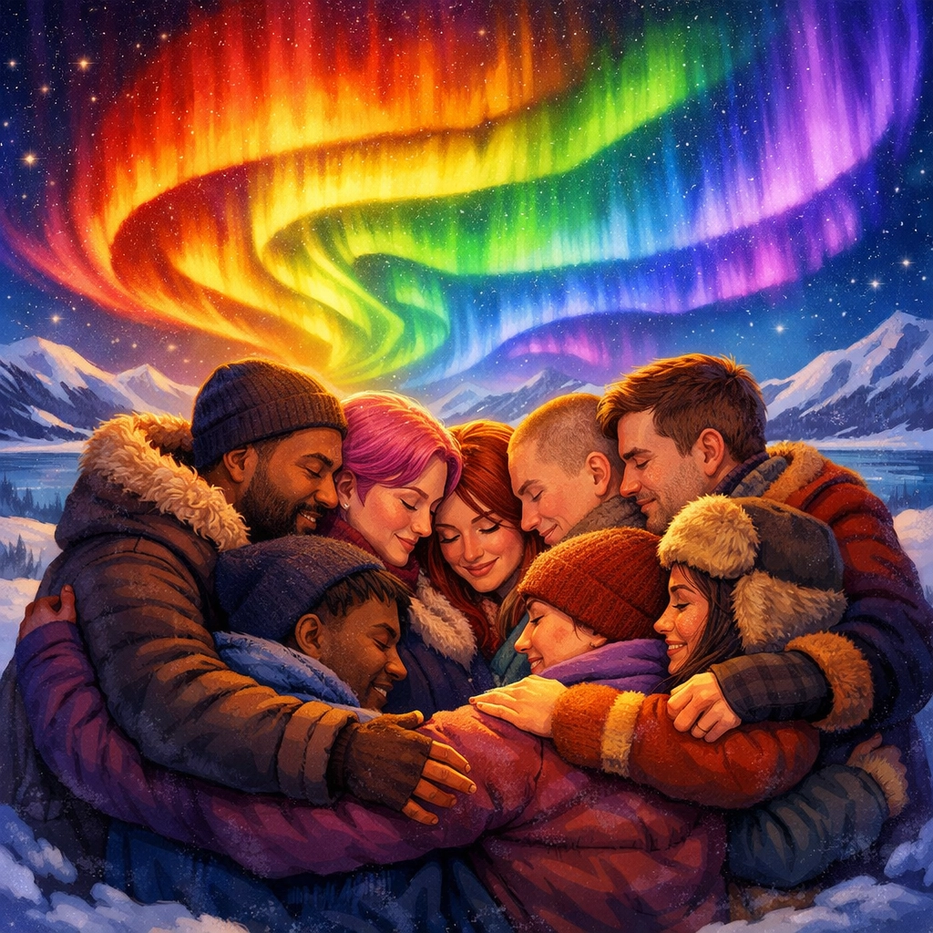 LGBTQ+ people in a protective huddle under the northern lights, representing the found family trope in queer fiction.