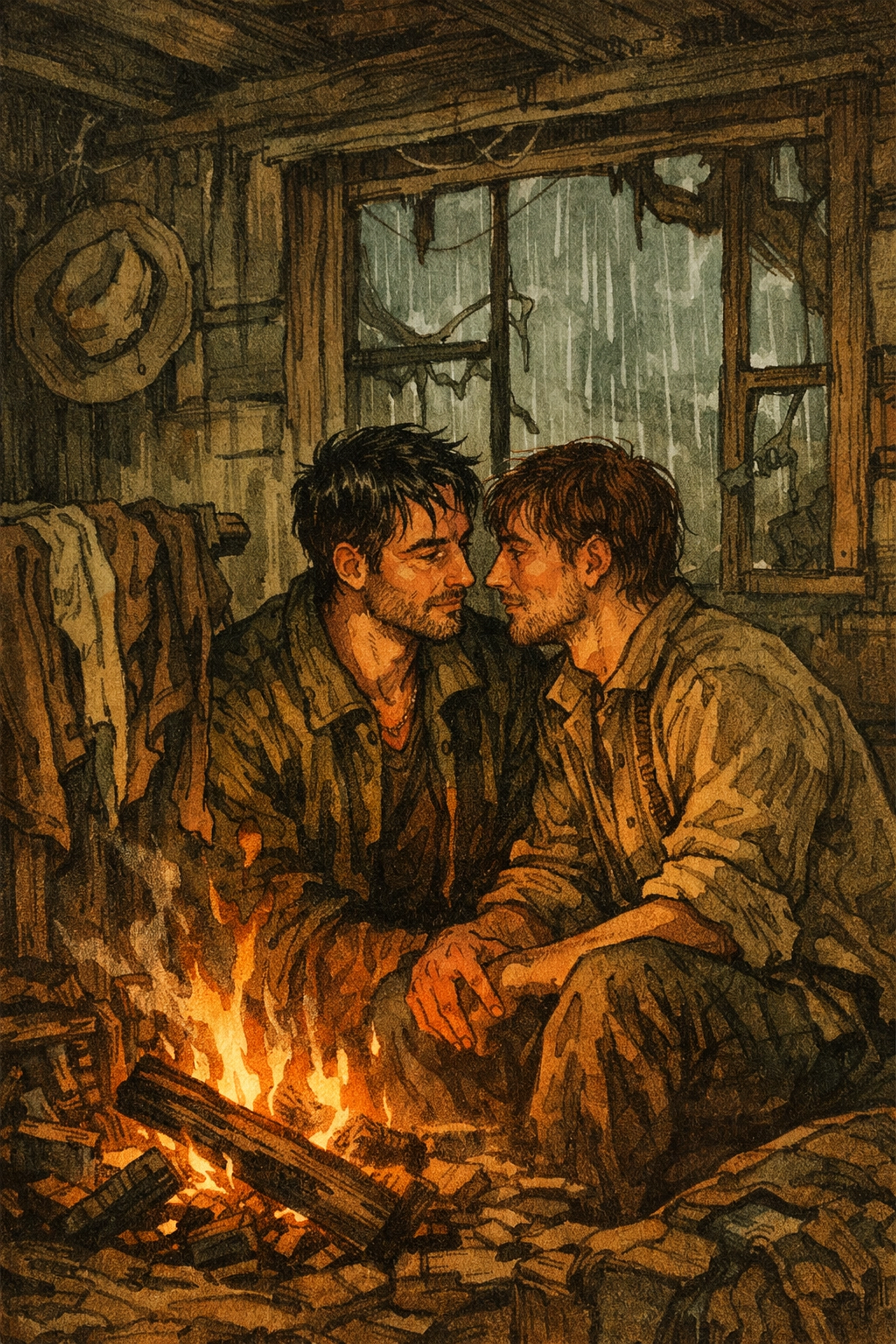 Two men taking shelter from storm in abandoned rancho, intimate MM romance moment in Pampas