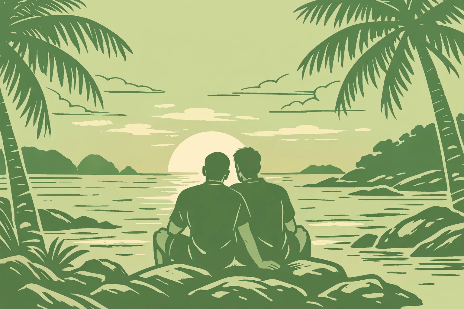 MM couple watching romantic sunset at secluded Phuket beach