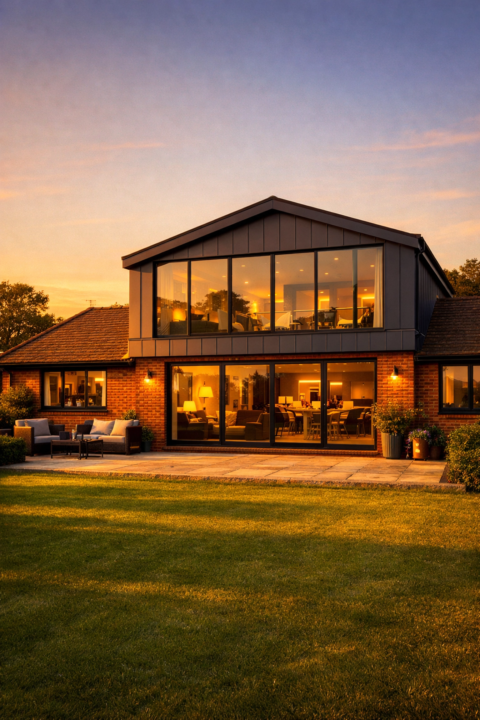 Modern second-storey bungalow transformation in West Sussex with slate cladding and large glass windows.