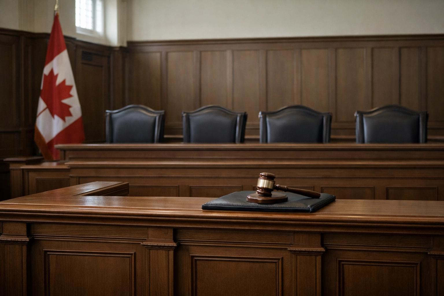 An empty judge’s bench in a Canadian courtroom representing judicial vacancies and persistent court delays in Canada.