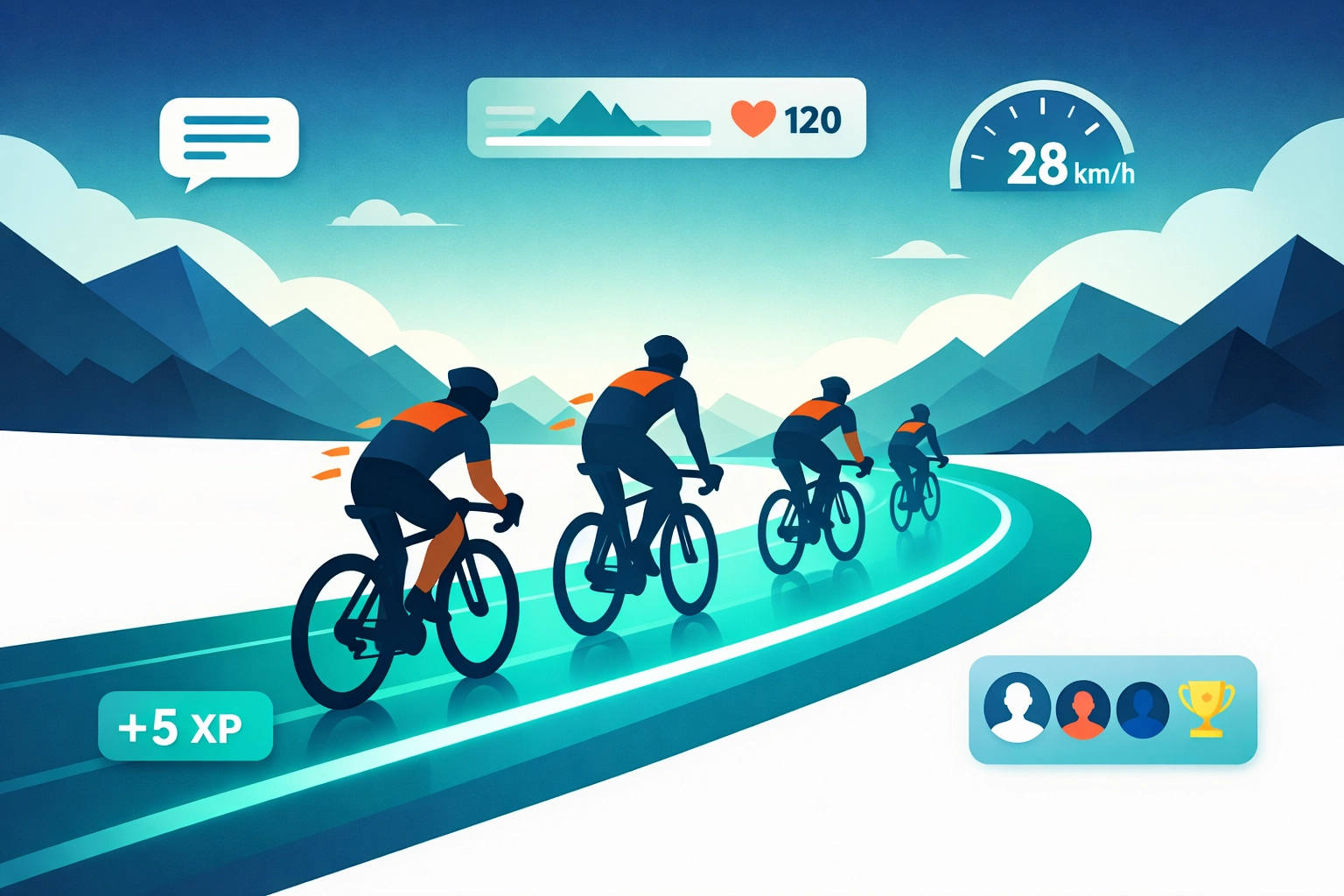 Cyclists racing through a virtual mountain landscape in a digital bike trainer workout environment.
