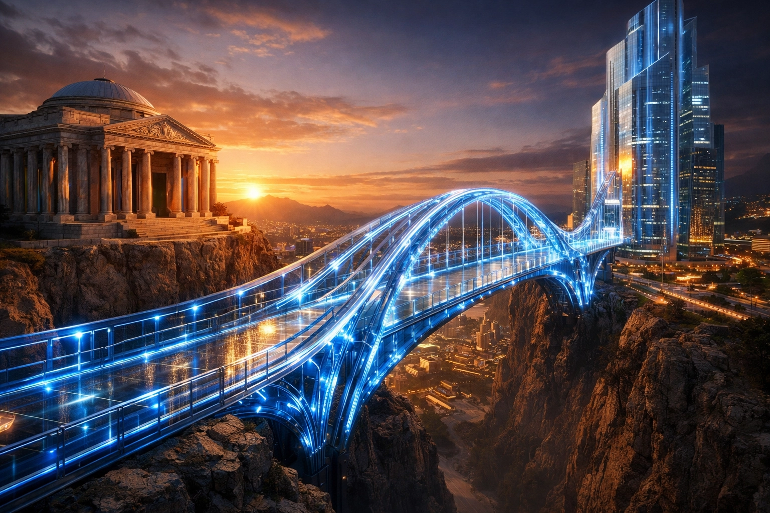 Luminous bridge linking traditional banking and Web3, representing Larecoin’s US compliant crypto payment integration.