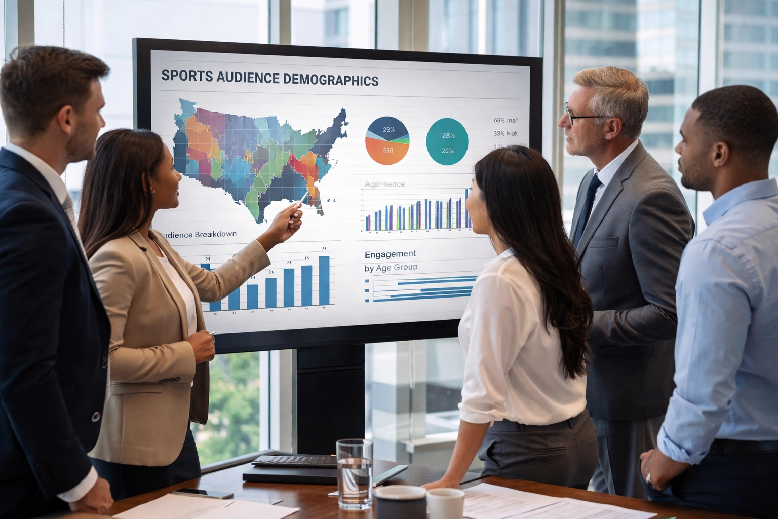 Marketing executives discussing sports audience analytics in a conference room, illustrating data-driven sports advertising strategies.
