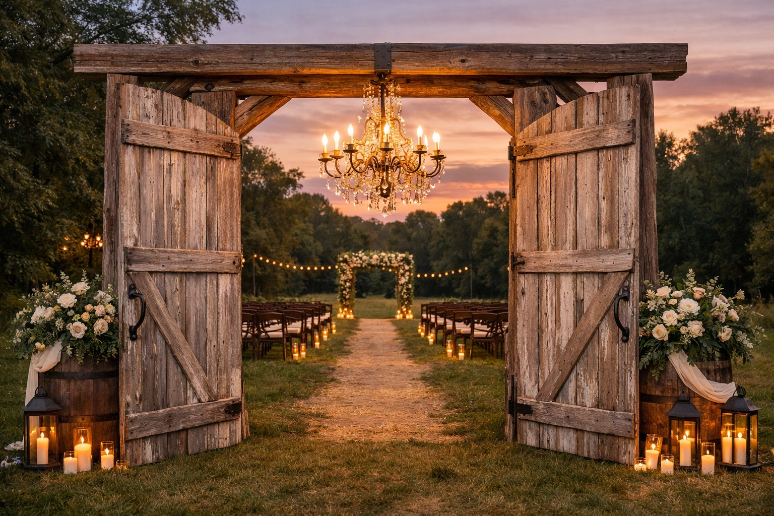 Historical barn door arch with a glowing chandelier for a grand outdoor Indiana wedding ceremony entrance.