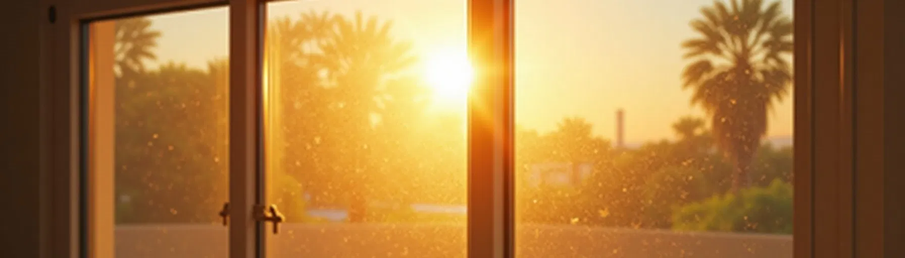 Sunset light through dusty glass showing window contamination before professional cleaning