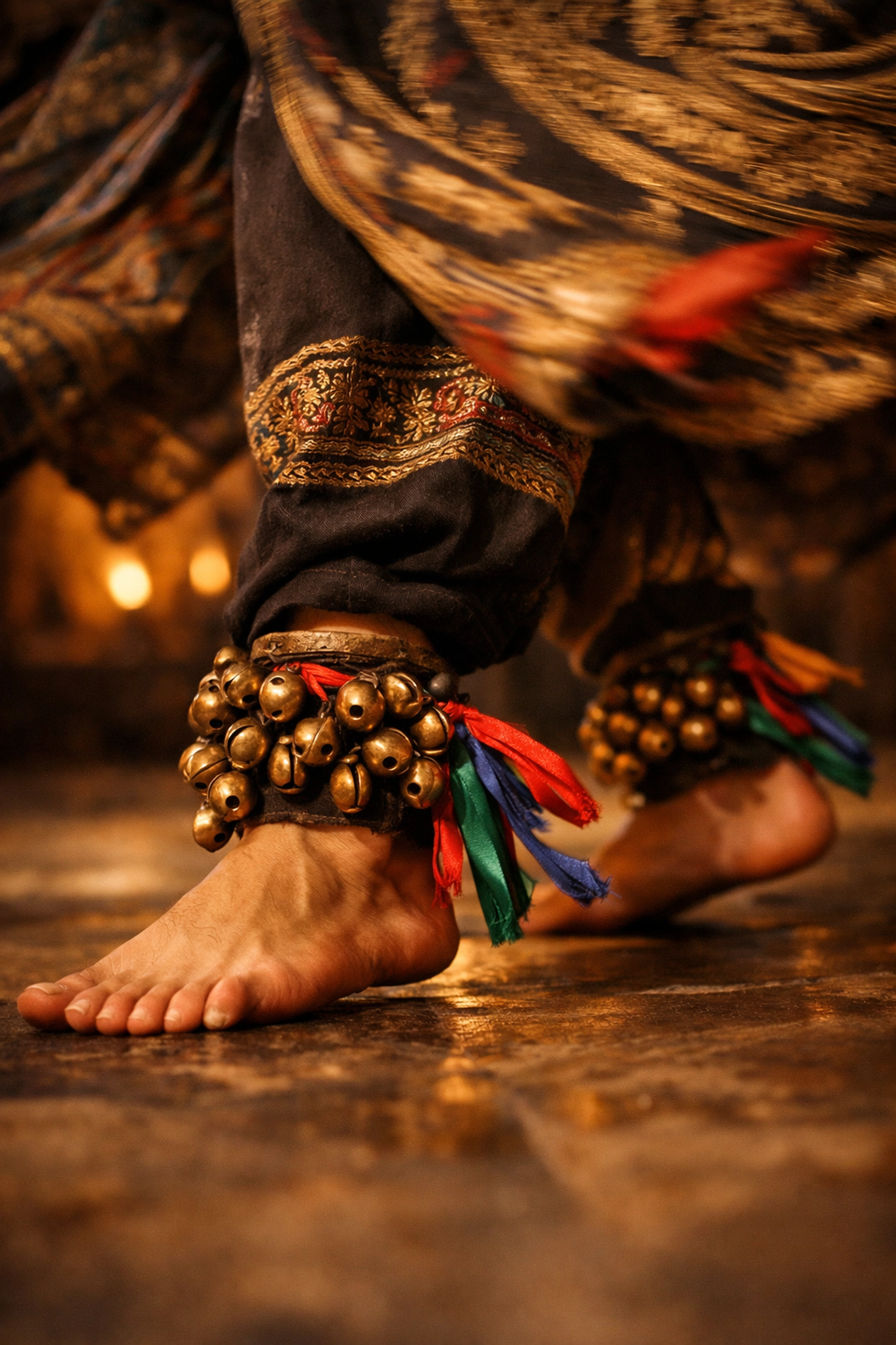 Afghan dancer's feet with bells, reflecting the beauty of gay historical romance and folk music.