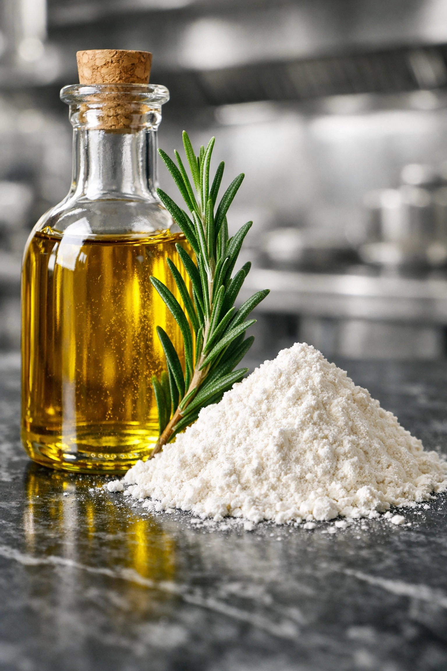 High-quality catering staples like olive oil and fresh rosemary used in professional event menu prep.