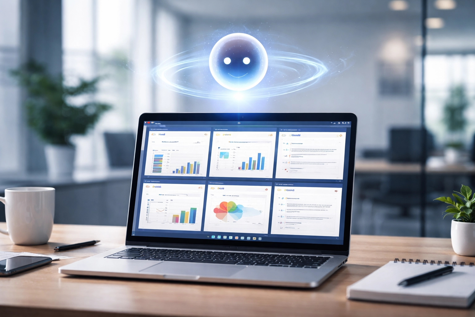 Modern office desk with laptop displaying Microsoft 365 Copilot assistant, showcasing productivity tools for business.
