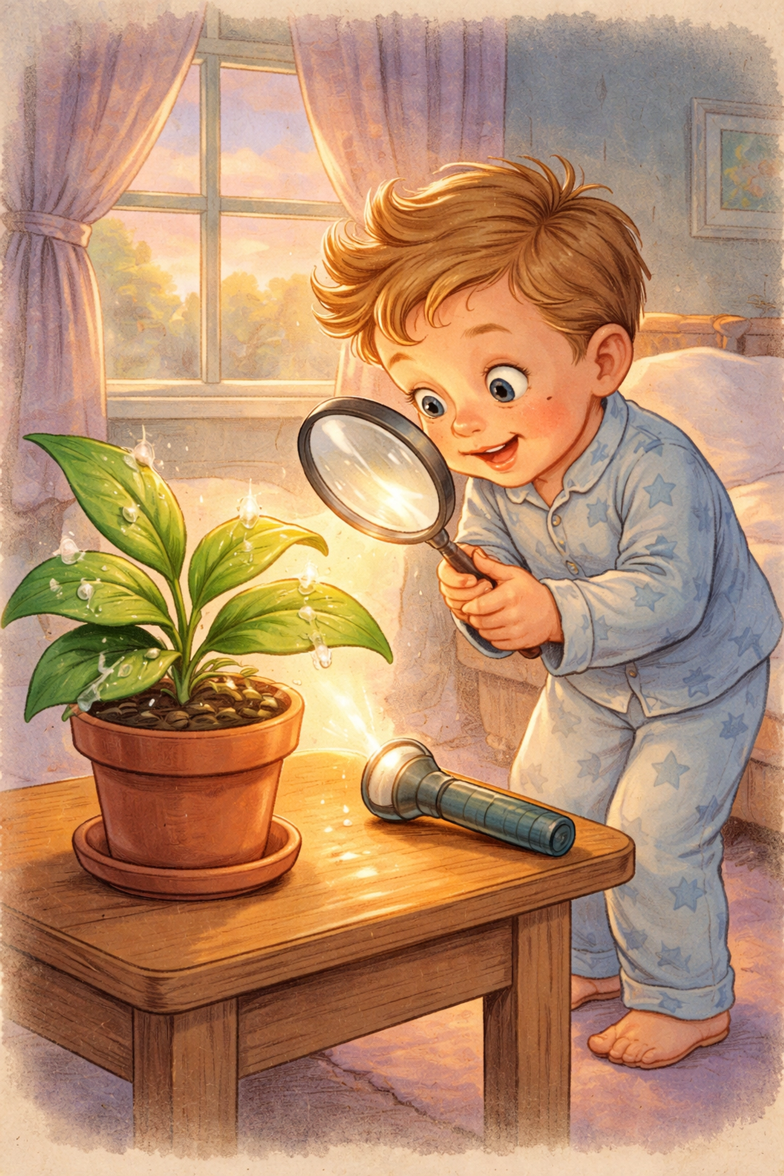 Child in pajamas using a magnifying glass to observe guttation droplets on a potted plant in a cozy bedroom at sunrise