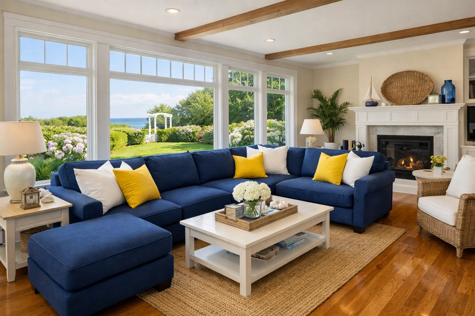 Sparkling coastal living room in Centerville, MA, maintained by a weekly house cleaning service.