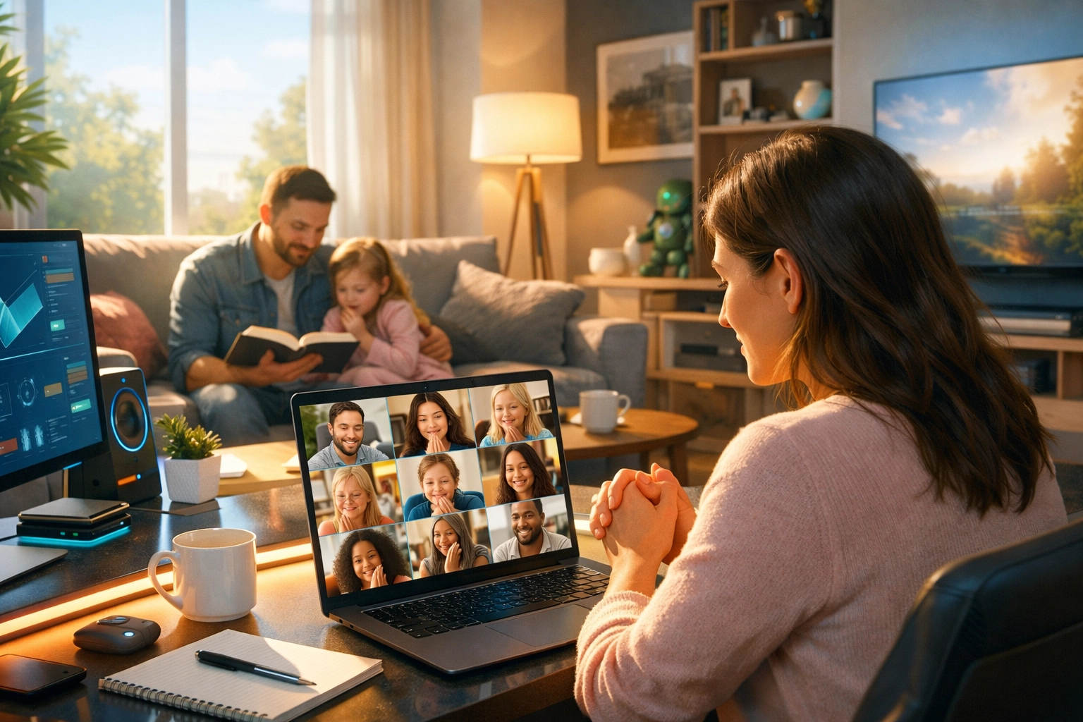 A woman joins an online prayer group while her husband reads the Bible to their child at First Assembly Memphis.
