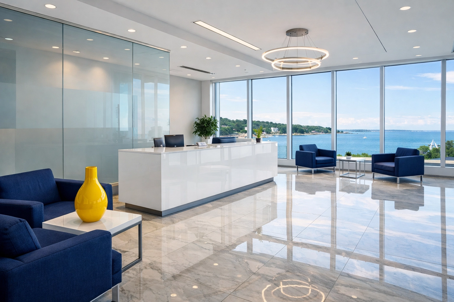 Clean and modern commercial office reception area in Weymouth, MA with polished marble floors.