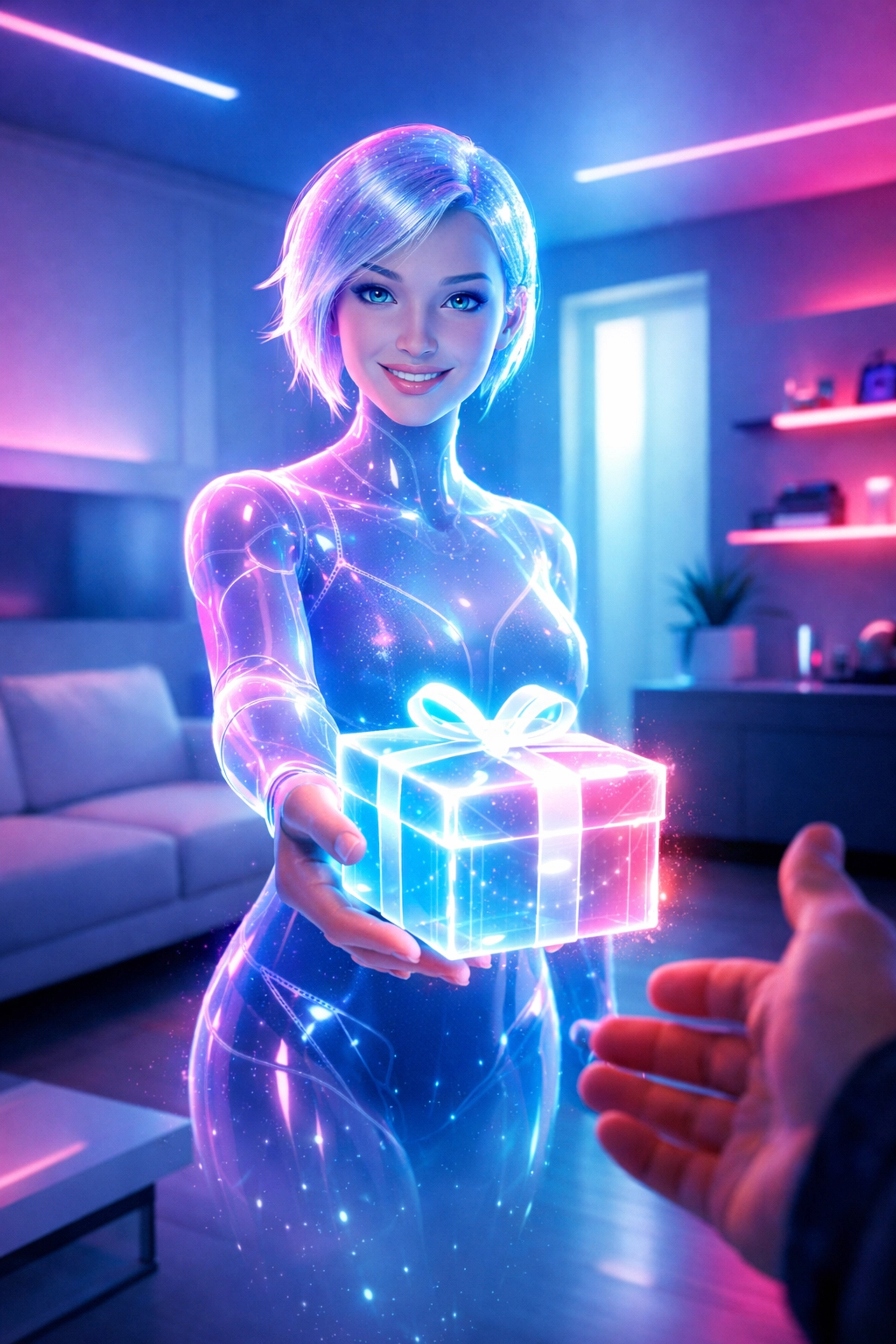 Ein freundlicher KI-Avatar leistet digitale Hilfe im Kundenservice und überreicht symbolisch ein Paket.