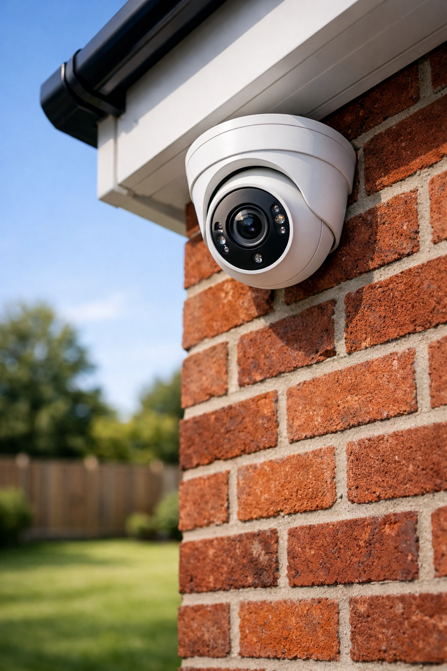 Modern NVR IP security camera installed on a red-brick home in Tadley for advanced home security.