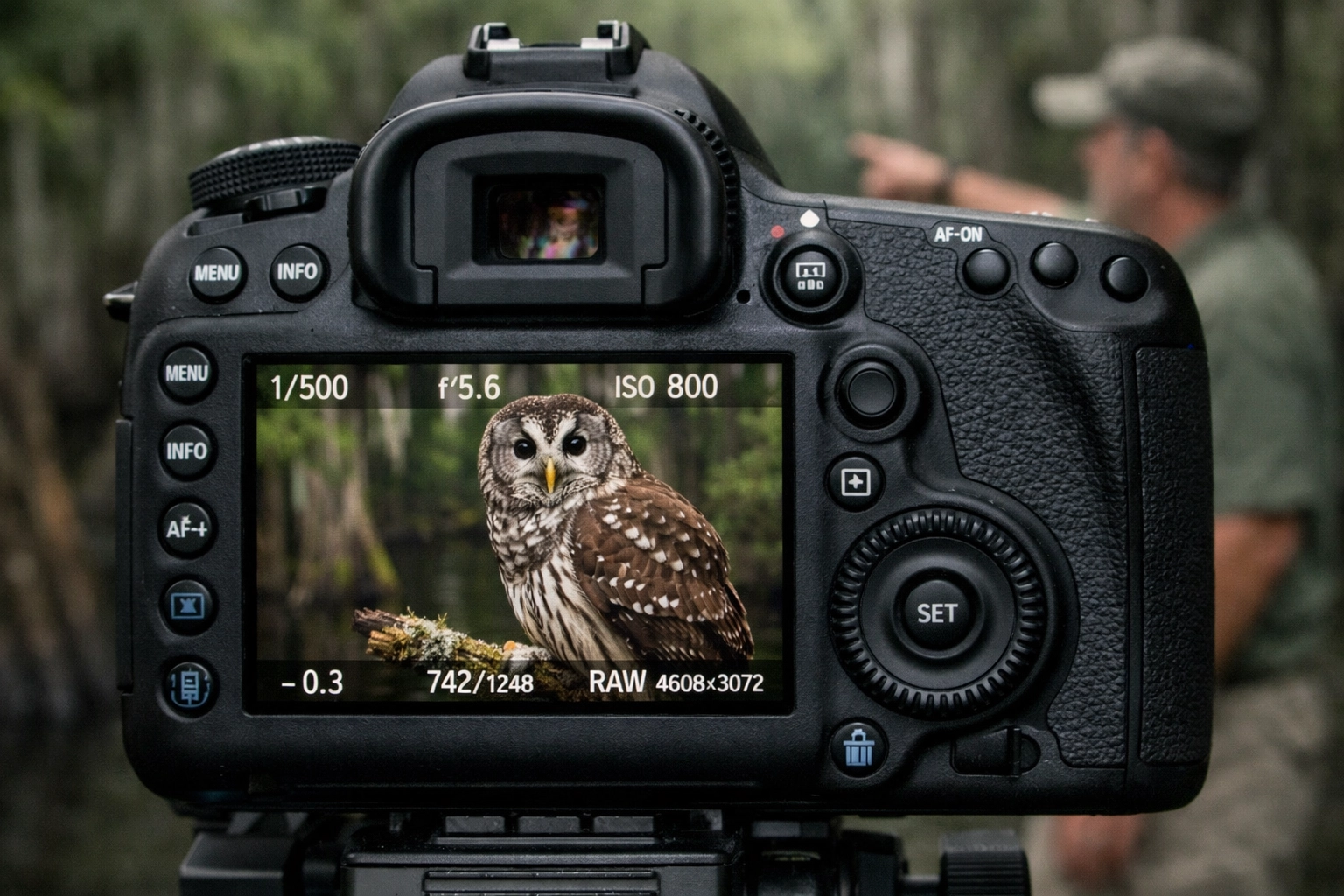 DSLR camera screen showing a barred owl portrait during an Everglades wildlife photography tour.