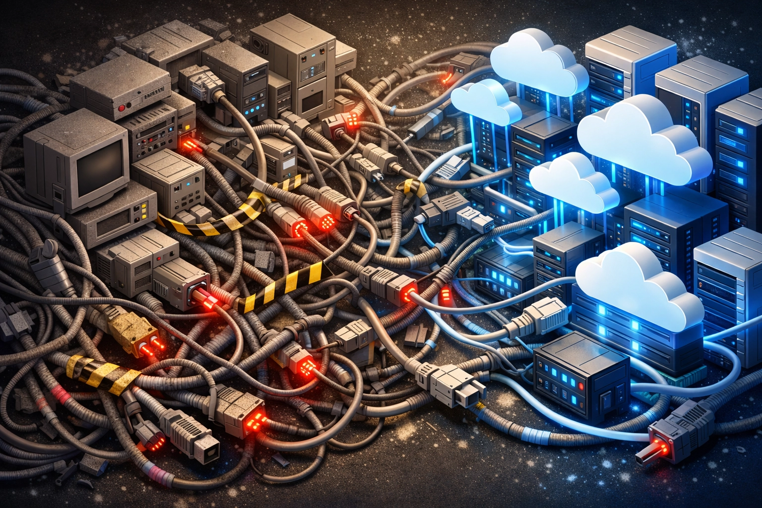 Legacy system integration debt visualization showing tangled connections in ServiceNow ITOM