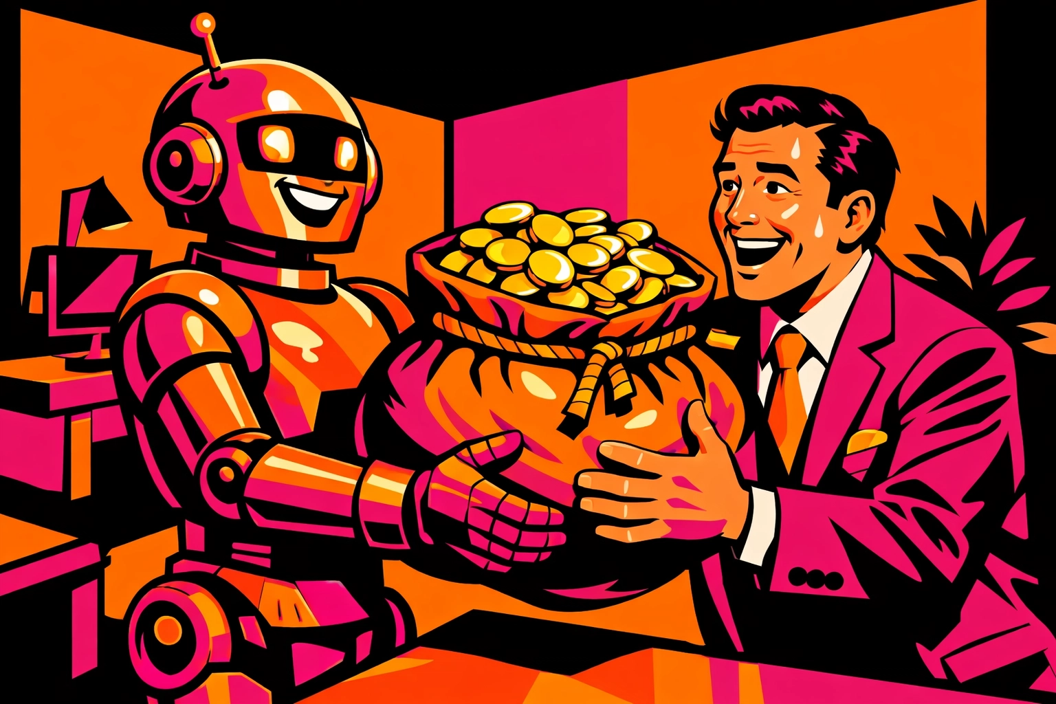 Friendly robot giving a bag of coins to a business owner, showing automated invoice reminders for cash flow.