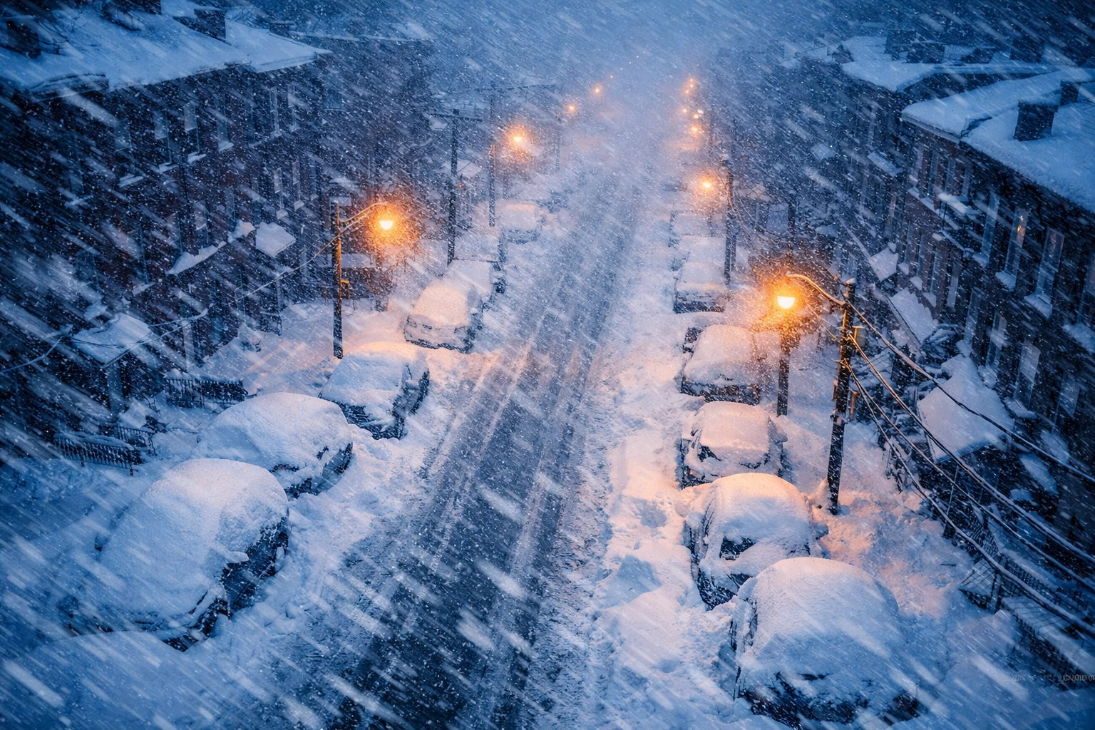 Snow-covered Northeast city street during historic nor'easter with blizzard conditions