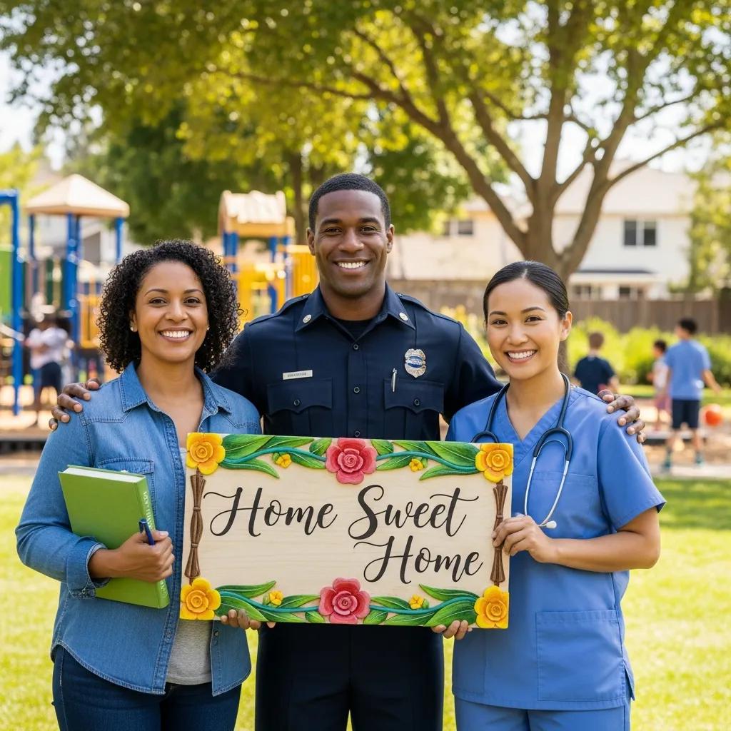 Smiling community heroes including a nurse and police officer standing in front of a home