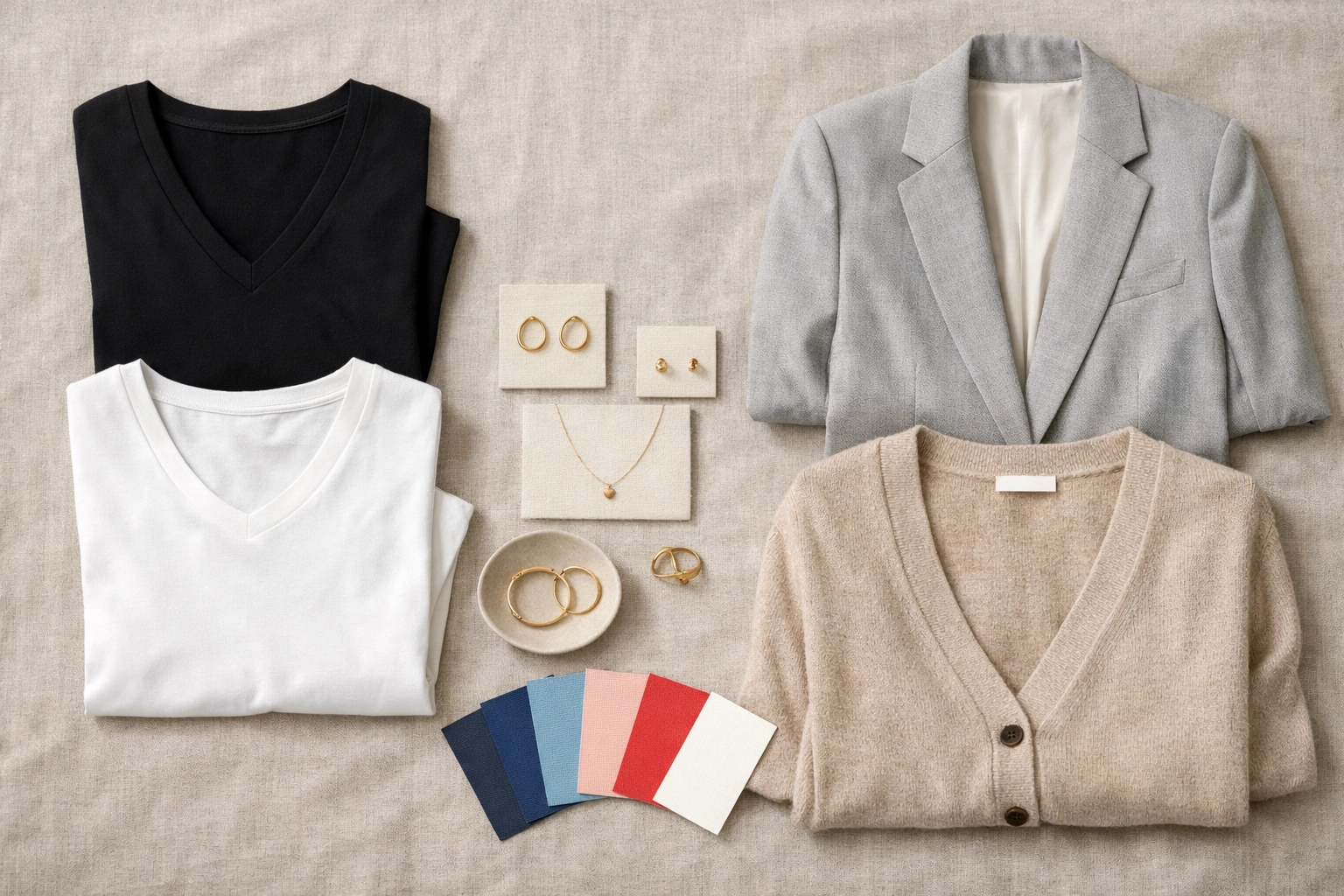 Faceless flat lay of curated professional attire for a headshot session Pittsburgh: blazer, silk blouse, and minimal accessories.