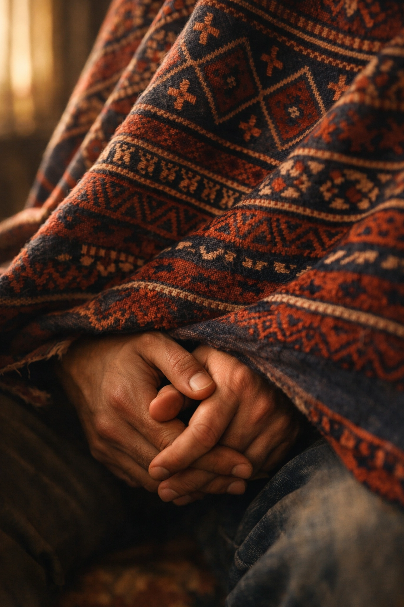 Two men holding hands under a patterned Afghan textile, illustrating the secret history of the local queer community.