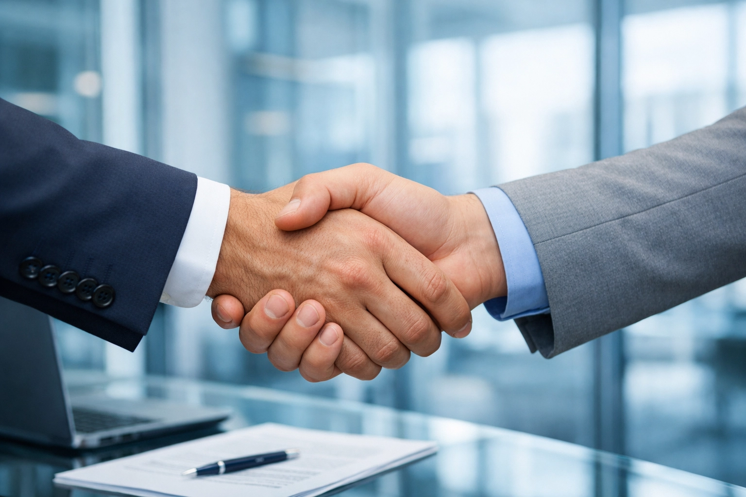 Business handshake in a modern office representing a successful transaction with a business broker near me.