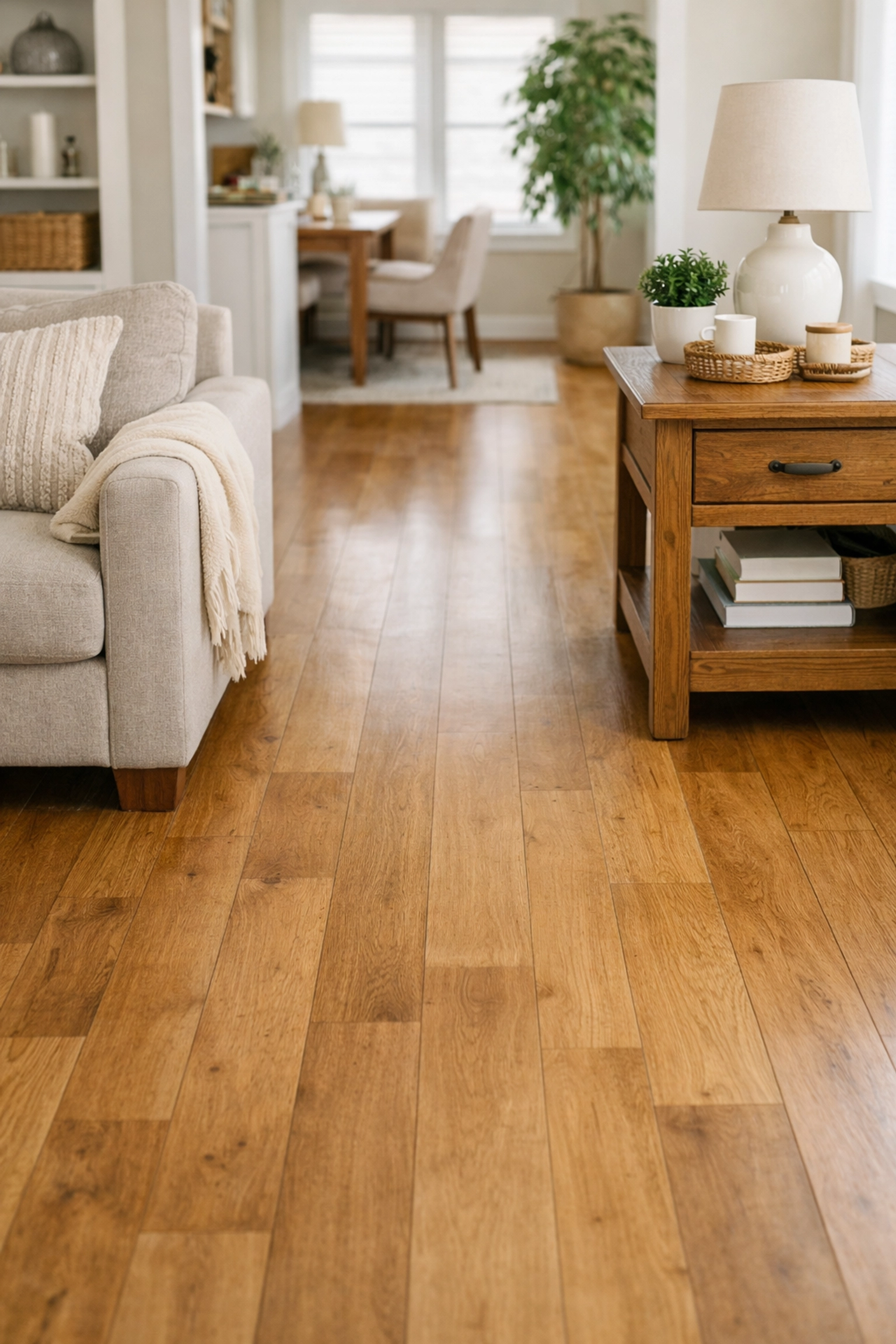 Clean and tidy living room walkway without clutter or cords to prevent tripping.