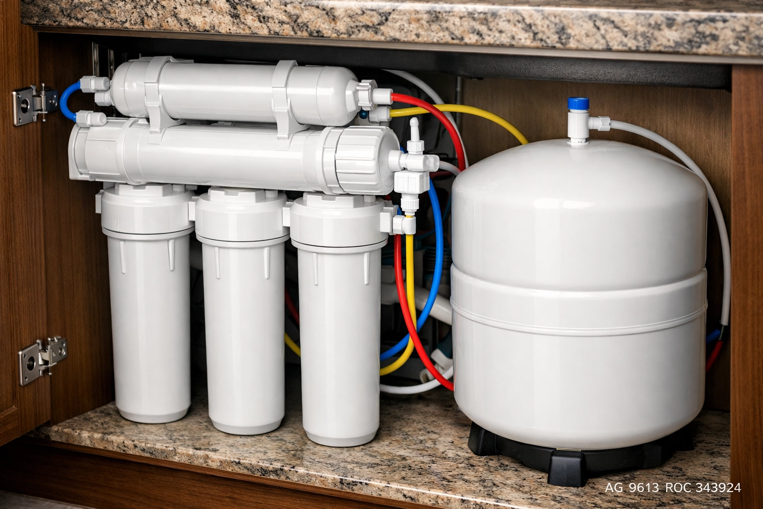 Reverse osmosis water filtration system installed under a kitchen sink in a Laveen home.