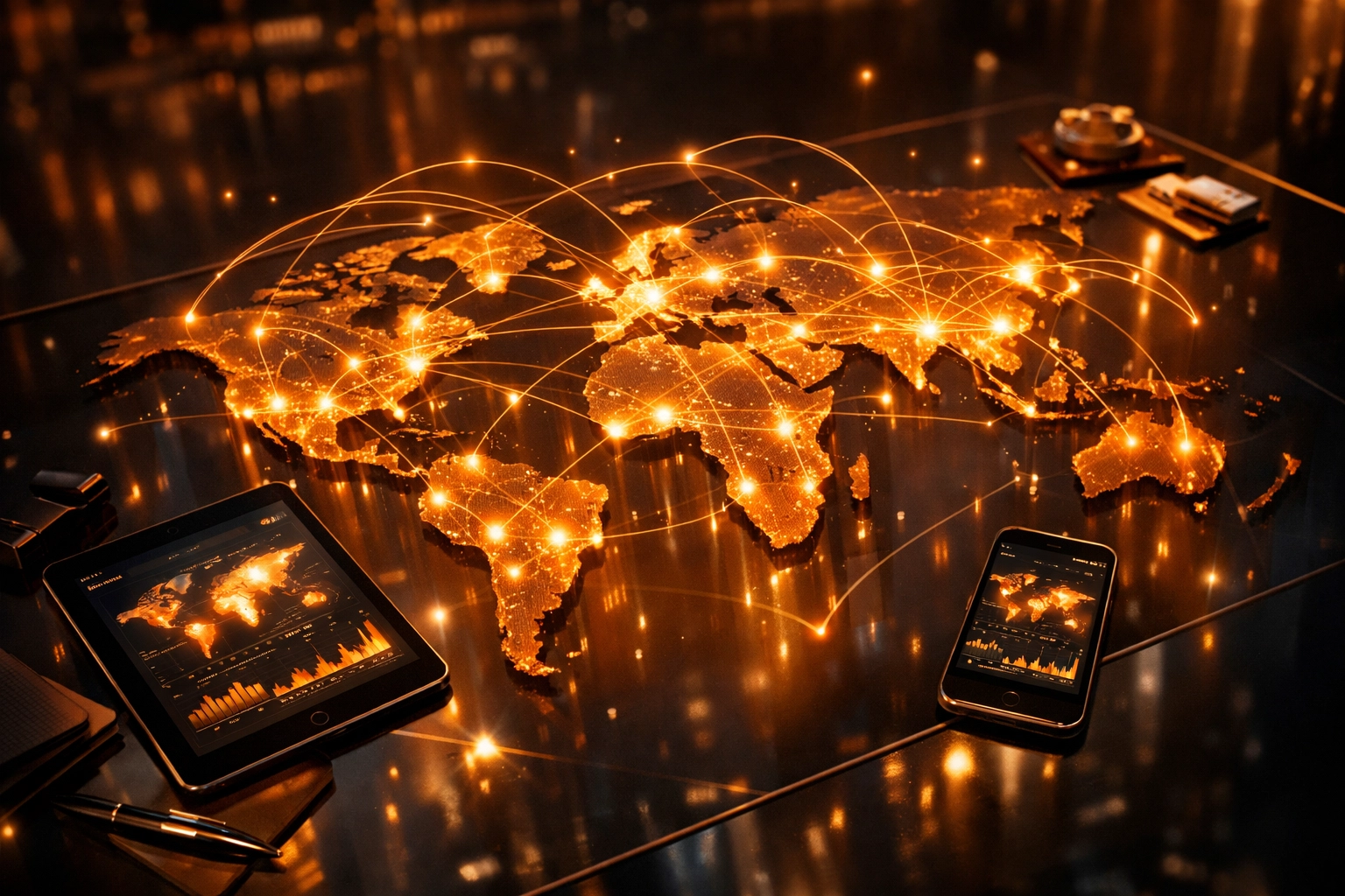 Global digital map representing a professional networking community for AI-powered business growth.