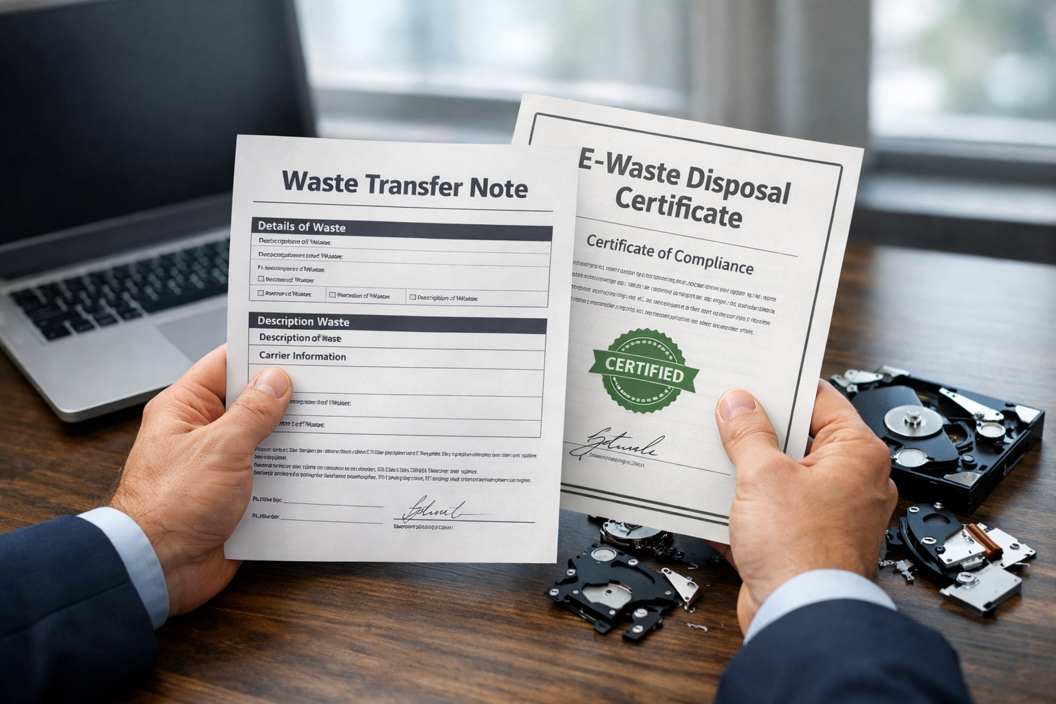 IT manager reviewing WEEE waste transfer notes and data destruction certificates