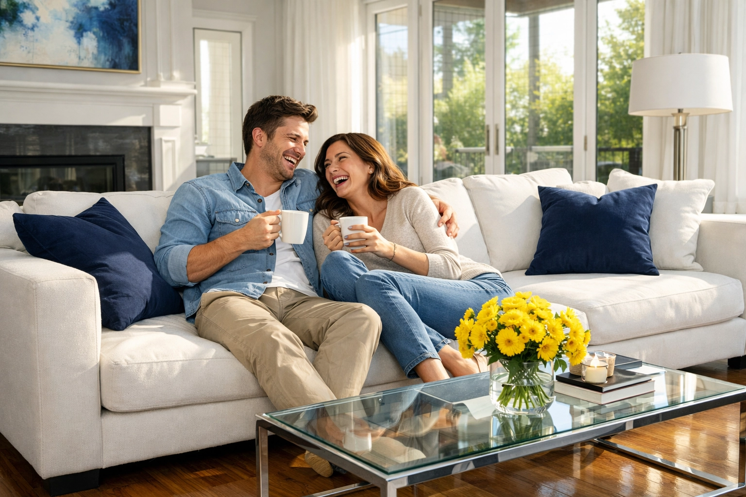 A relaxed couple in a spotless living room after professional cleaners in Leominster MA finished.