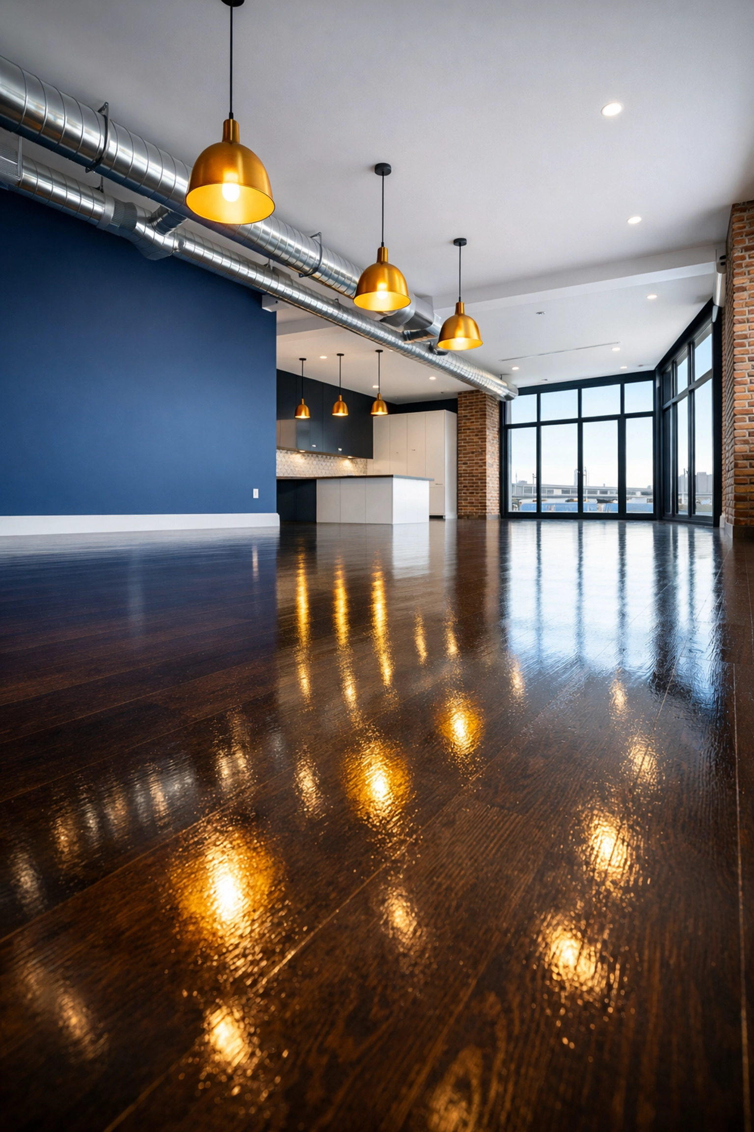 Modern Seaport loft with dust-free floors after professional post-construction cleaning in Boston.
