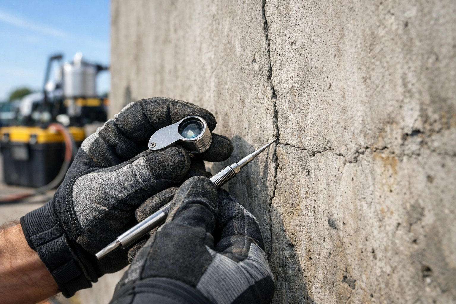 Professional concrete contractor inspecting a hairline crack in a concrete retaining wall for repair.