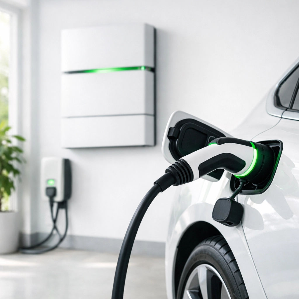 Electric vehicle charging in a contemporary garage with integrated home battery storage.