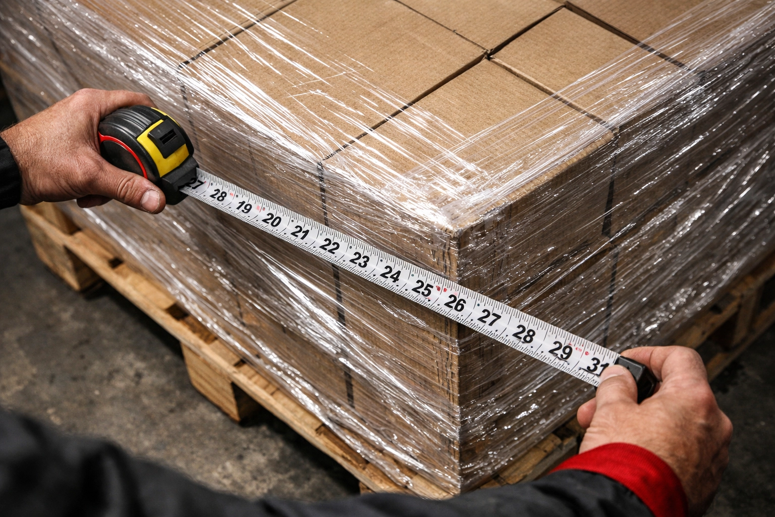 Measuring pallet dimensions with tape measure for correct freight density calculation