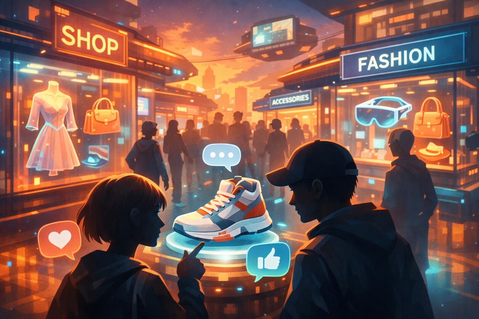 Avatars exploring a metaverse shopping district with virtual storefronts and interactive product displays