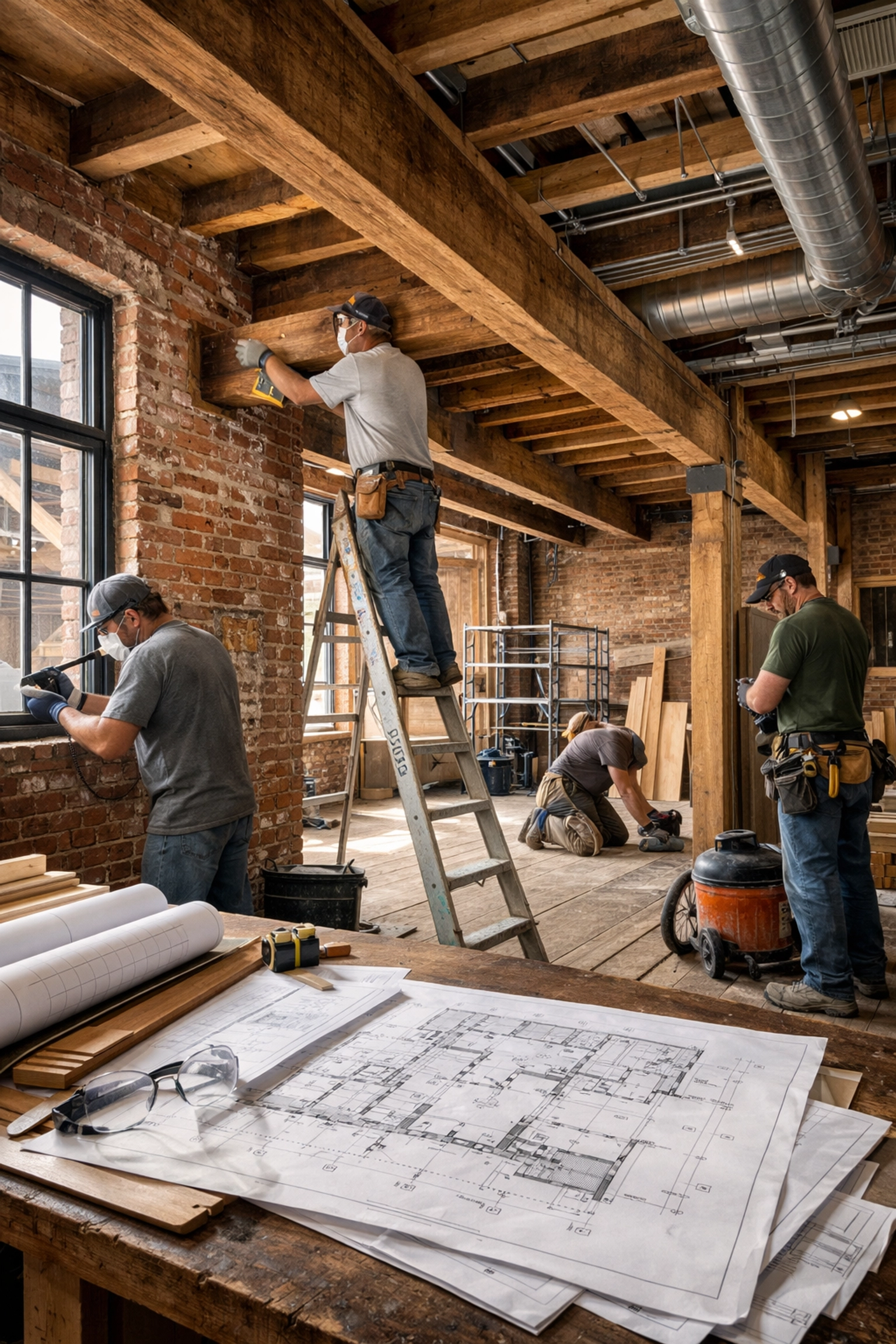 Commercial renovation contractor restoring historic building with exposed brick and wooden beams