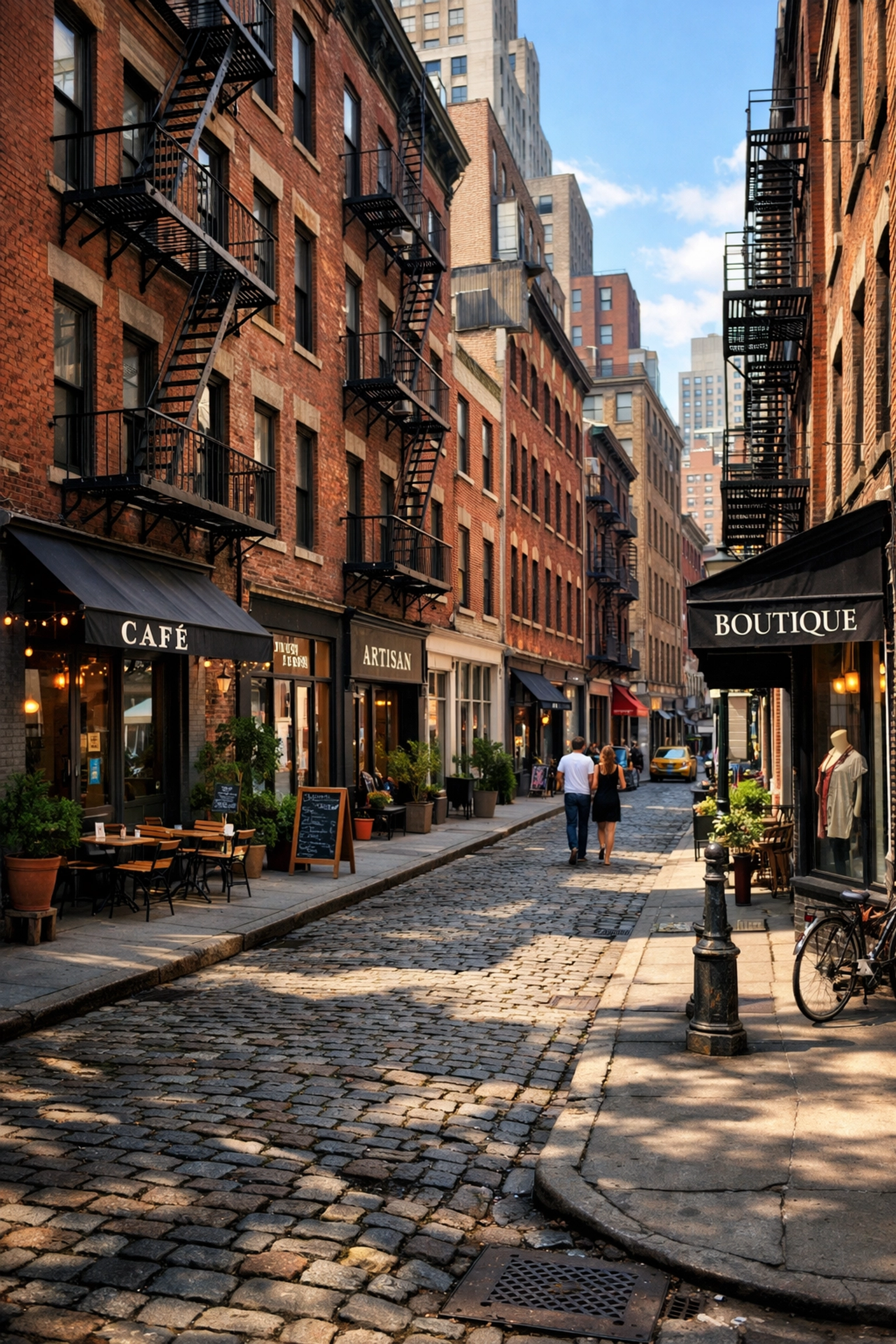 Historic cobblestone street in Lower Manhattan's SoHo neighborhood with local shops