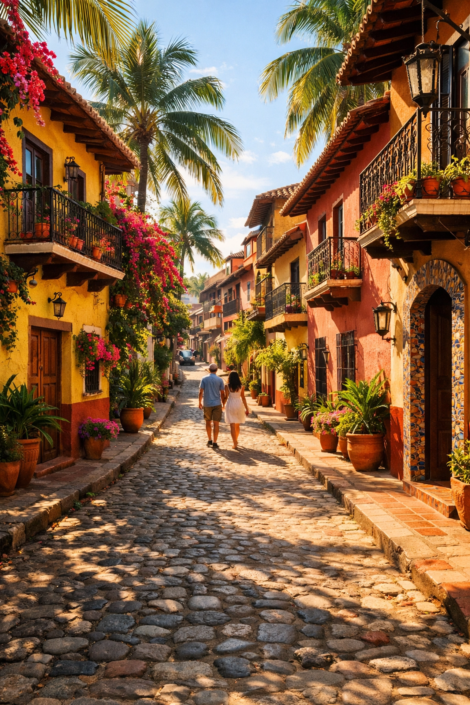 Cobblestone street with colonial architecture in Amapas Puerto Vallarta as couple explores